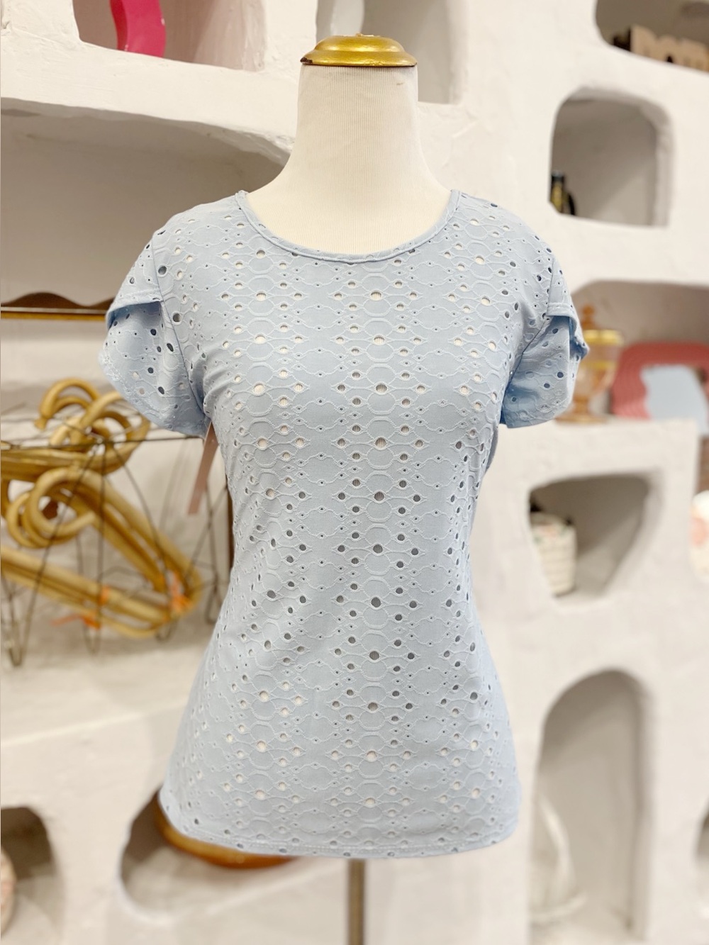 Y2K Stretchy Light Blue Eyelet Short Sleeve T-Shirt with Petal Sleeves